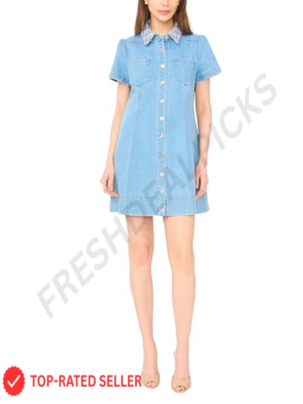 Swing Dress Tweed Collar Short Puff Sleeve Button Zip Back
